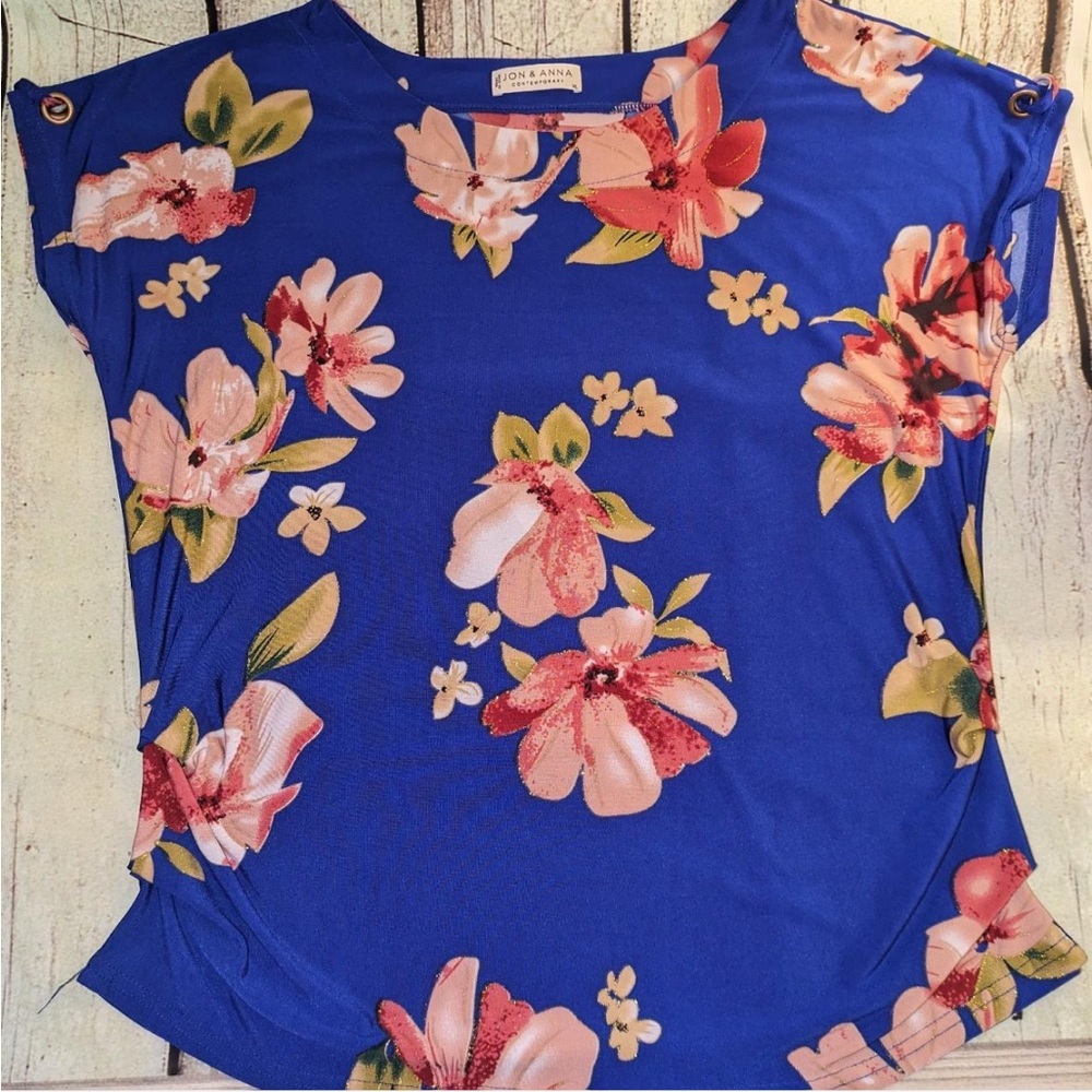 Blue Floral Cap-Sleeve Top